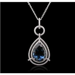 14KT White Gold 29.77ct Blue Topaz and Diamond Pendant With Chain