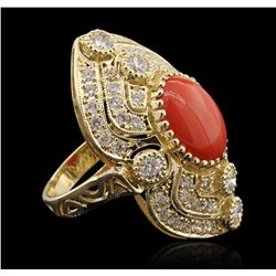 14KT Yellow Gold 4.40ct Coral and Diamond Ring