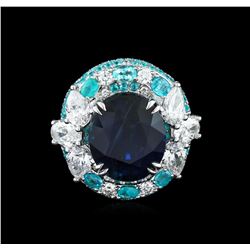 GIA Cert 18.88ct Blue Sapphire, Paraiba Tourmaline and Diamond Ring - 18KT White