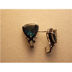 EARRINGS - NEW BLUE QUARTZ & DIAMOND-SET EARRINGS- TRILLION-CUT BLUE QUARTZ - STERLING SILVER SETTIN