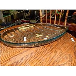 HEAVY LIGHT EMERALD GLASS SERVING PLATTER - LEAF SHAPED