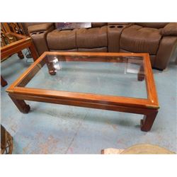 GLASS TOP COFFEE TABLE - SOLID PHILIPINE MAHOGANY WOOD - 60" X 36"   PLUS 2 GLASS TOP SIDE TABLES - 