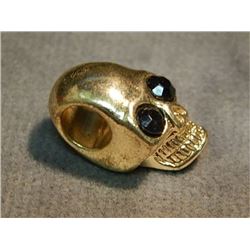 PENDANT - BRASS? SKULL (NON-FEROUS) - WITH BLACK EYES - ONYX? - ~1" X ½"