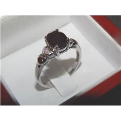 RING - 2.10 CT OVAL GARNET RING SET WITH 4 DIAMONDS - VS CLARITY STERLING SILVER SETTING - HEART DES
