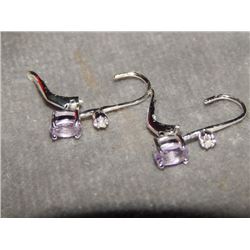 EARRING - NEW - 1.10 CTW PURPLE AMETHYST & DIAMOND EARRINGS - LEVER BACK - STERLING SILVER SETTING -