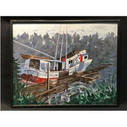 V.A.A., 1985, FRAMED ORIGINAL, 'DOCKED FISHING BOAT', OIL ON CANVAS, 30'' X 23''
