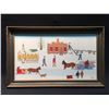 Image 1 : K.M. SIMPSON, 1969, UNTITLED FRAMED ORIGINAL, 'FOLK ART VILLAGE SCENE', OIL ON BOARD, 27'' X 15''