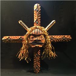 BRAD BAZILLE, 'SUN MASK' HAND CARVED CEDAR MASK WITH ABALONE INLAY AND CEDAR STRIP ACCENTS, 44''