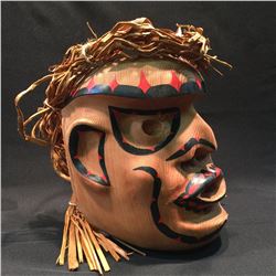 BRAD BAZILLE,'CHIEF', HAND CARVED CEDAR MASK WITH CEDAR STRIP ACCENTS, 13'' H X 10'' W