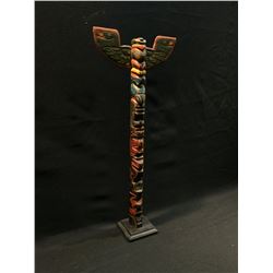 HAND CARVED AND PAINTED, 6 FIGURE TOTEM POLE OF THUNDERBIRD, SALMON, BEAR, MAN, WOLF AND WARRIOR,