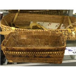 COAST SALISH BABY BASSINET AND RECTANGULAR BASKET, MADE FROM WOVEN CEDAR WITH LEATHER STRAPS,