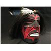 Image 2 : EMIL THIBERT, 'WARRIOR' HAND CARVED CEDAR MASK WITH HORSE HAIR AND FEATHER ACCENTS, SOULTEAUX