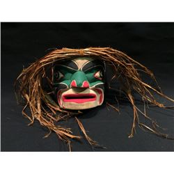 ANDY WESLEY, 'WILD WOMAN' HAND CARVED CEDAR MASK, TSU-ECH NATION, 8'' H X 18'' W