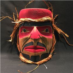 EMIL THIBERT, 'FIRE CHIEF MASK' HAND CARVED CEDAR WITH CEDAR STRIPS , SOULTEAUX NATION B.C.,