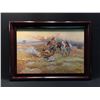 Image 1 : UNSIGNED AND UNTITLED FRAMED ORIGINAL,'NATIVE BRAVES, WITH HORSES & FIRE', OIL ON CANVAS, 24'' X