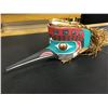 Image 1 : PAT AMOS 'HUMMINGBIRD' H/DRESS 25"L X 8"W WITH INLAYED ABALONE & COPPER EYES