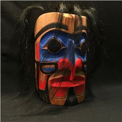 DARREN YELTON, 'WARRIOR' HAND CARVED CEDAR MASK WITH HORSE HAIR ACCENTS SQUAMISH, 20'' L X 14''