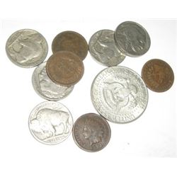 10 TOTAL U.S. COINS INCLUDES SILVER KENNEDY HALF DOLLAR/INDIAN HEAD CENTS & BUFFALO NICKELS!!