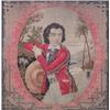 Image 1 : An early Victorian woolwork picture, of a boy holding a hat in a landscape, stylised fretwork ova...