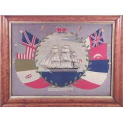 A Victorian ships woolwork picture of H.M.S. Trafalgar, the three masted vessel in a circle flank...