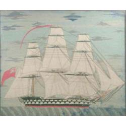 A Victorian ships woolwork picture, of a three masted vessel sailing, glazed stained pine frame,...