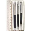 Image 1 : A Parker 51 trio of fountain pen, ball pen and pencil with black bodies and lustreloy caps (boxed...