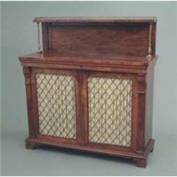 A Regency rosewood chiffonier, with brass railed shelf on baluster supports and two doors, with b...