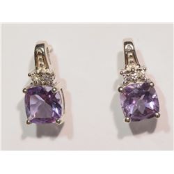 STERLING SILVER AMETHYST AND DIAMOND EARRINGS WITH COA