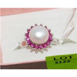 .925 SILVER RUBY & AKOYA PEARL RING - SIZE 9