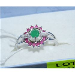 .925 SILVER NATURAL EMERALD & RUBY RING - SIZE 8