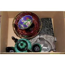 BOX OF MISC. INCLUDING BLUE POTTERY TEA POT