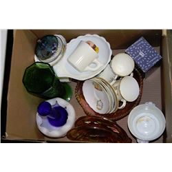 BOX OF ASSORTED DISHWARE, ETC.