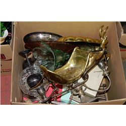 BOX OF BRASS & GLASS DISHWARE/DECOR
