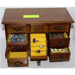 MUSICAL WOODEN JEWELERY BOX WITH CONTENTS
