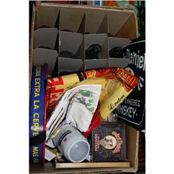 BOX OF ASSORTED BAR COLLECTIBLES INCLUDING GLASSES,