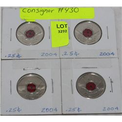 FOUR 2004 CANADIAN 25 CENT COINS