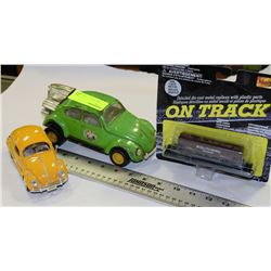 LOT OF 2 VW BEETLES AND DIE CAST TRAIN MODEL