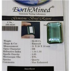 62.35CT EMERALD WITH COA  HUE ENHANCED