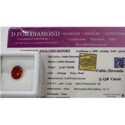 3.138CT ORANGE OVAL CUBIC ZIRCONIA WITH COA