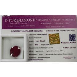 7.687CT OVAL NATURAL RUBY WITH COA