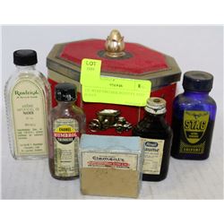 TIN W/ VINTAGE BOTTLES AND BOXES