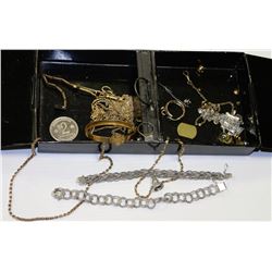 OLD BLACK METAL BOX WITH MISC JEWELRY