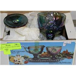 CARNIVAL GLASS SUGAR,CREAMER & TRAY SET IN BOX