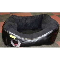 BLACK BIKER DOG BED WITH EMBROIDERED SKULL