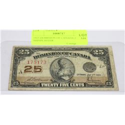 1923 DOMINION OF CANADA 25 CENT SHINPLASTER