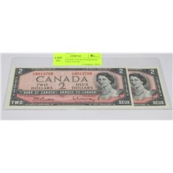 UNCIRCULATED 1954 $2 BANKNOTE CONSECUTIVE S/N X2
