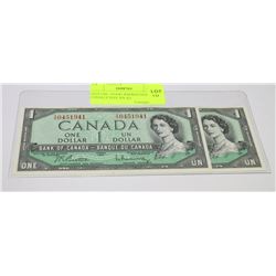 GEM UNC 1954 $1 BANKNOTES CONSECUTIVE S/N X2