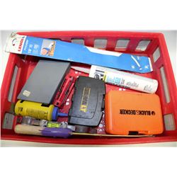 RED FLAT CRATE W/STANLEY SAW, NEW BLADE,