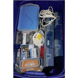 BLUE TUB OF ASSORTED SCREWS ,NAILS, FASTNERS ,ETC