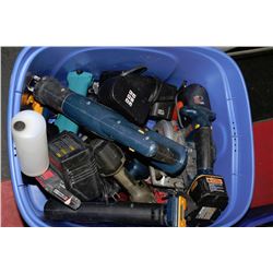 BLUE TUB OF ASSORTED CORDLESS TOOLS AND ASSORTED C